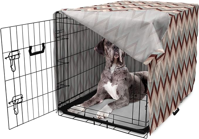 Lunarable Chevron Dog Crate Cover, Ikat Zig Zags Wavy Nostalgic Vintage Design, Easy to Use Pet Kennel Cover for Medium Large Dogs, 48 Inch, Dried Rose Pale Blue