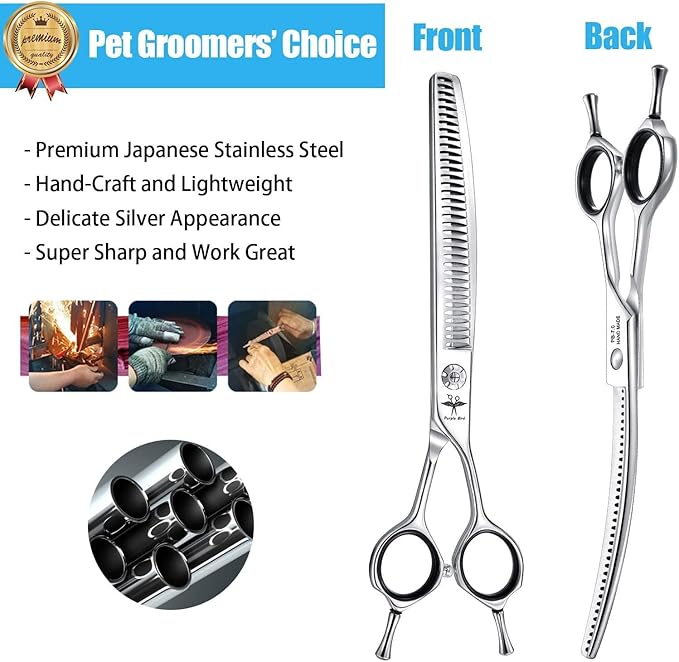 PURPLEBIRD 7 Inch Downward Curved Dog Grooming Scissors Pet Thinning Texturizing Shears Professional Safety Blunt Tip Trimming Shearing for Dogs Cats Face Paws Limbs Japanese Stainless Steel Silver