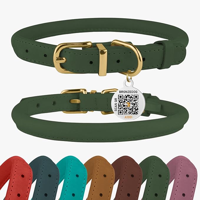 BRONZEDOG Rolled Leather Dog Collar with QR ID Tag Adjustable Soft Round Collars for Small Medium Large Dogs Puppy Cat (9" - 11" Neck Size, Emerald Green)