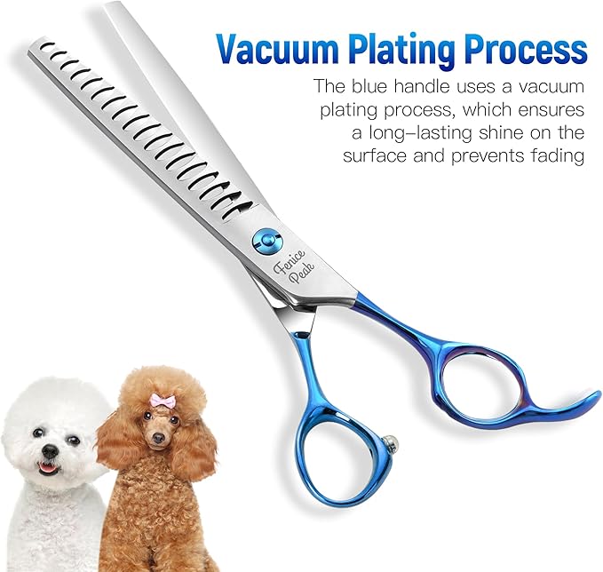Fenice Peak Grooming Scissors for Dogs 7 inch Chunker Pet Grooming Scissors Ergonomically Designed Blue Handles Ideal Dog Shears for Precise Trimming Easy Use.