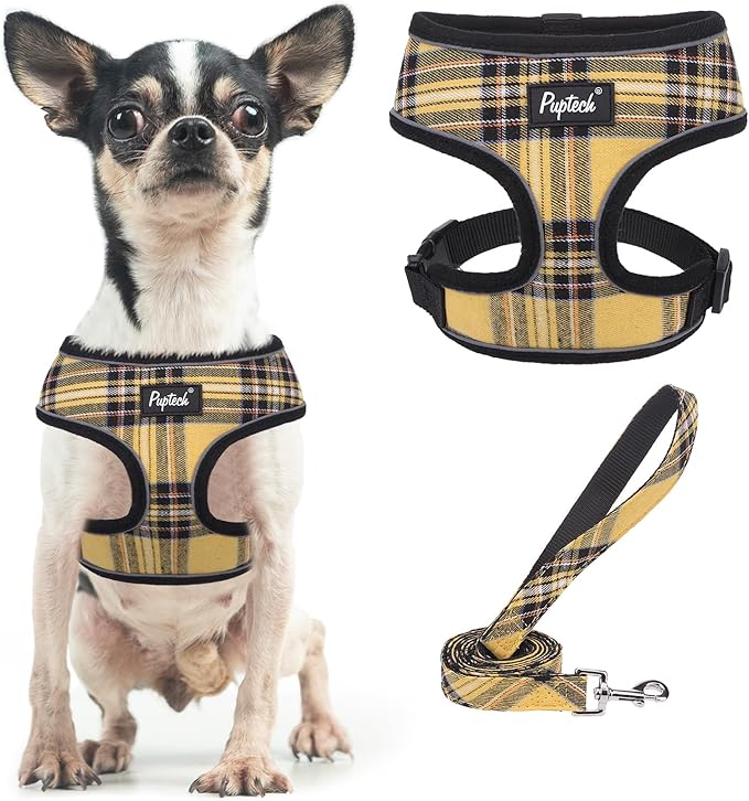 PUPTECK Soft Mesh Dog Harness and Leash Set Pet Puppy Cat Comfort Padded Vest No Pull Harnesses, Yellow, XS
