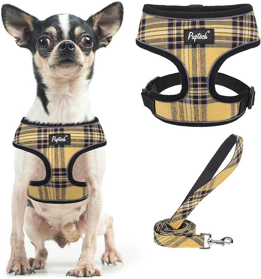 PUPTECK Soft Mesh Dog Harness and Leash Set Pet Puppy Cat Comfort Padded Vest No Pull Harnesses, Yellow, XS