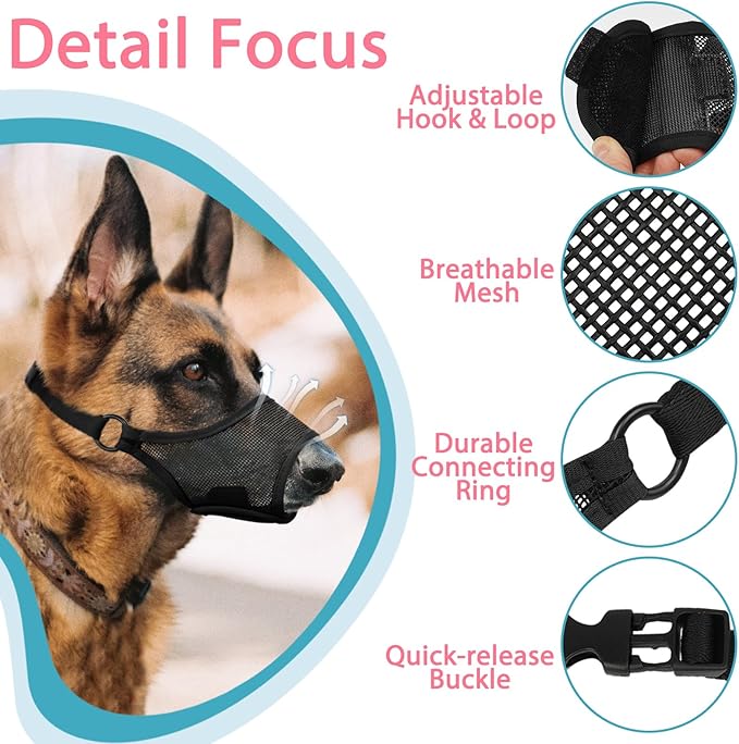 LUCKYPAW Dog Muzzle, Mesh Dog Muzzle for Large Medium Small Dogs, Soft Muzzles for Biting Chewing Fierce Barking, Breathable Muzzle with Adjustable Strap for Training (Black, M(Snout:8.75"-9.5"))