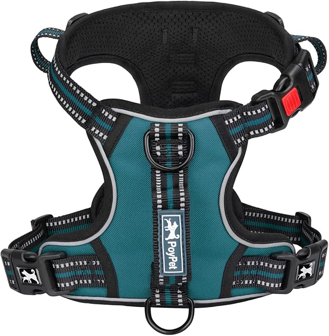 PoyPet No Pull Dog Harness, No Choke Front Clip Reflective Dog Vest with Soft Padded Vertical Handle, 3 Leash Attachments for Small Medium Large Dogs (Tumalo Teal,L)