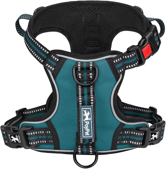 PoyPet No Pull Dog Harness, No Choke Front Clip Reflective Dog Vest with Soft Padded Vertical Handle, 3 Leash Attachments for Small Medium Large Dogs (Tumalo Teal,L)