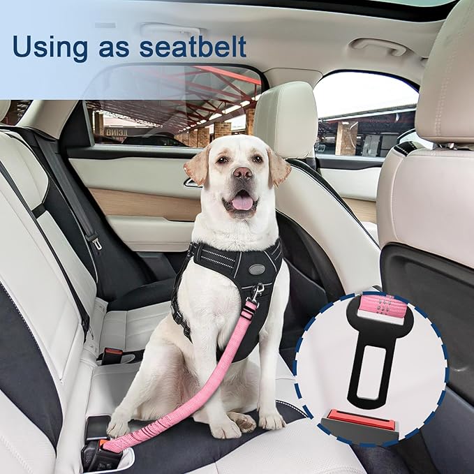 Dog Seat Belt for car, 3 Piece Set Retractable Dog Car Harness 2 Pack Adjustable Seatbelt for Dog in car, Nylon Pet Safety Seat Belts Tether Heavy Duty and Reflective Dog car Leash, Pink