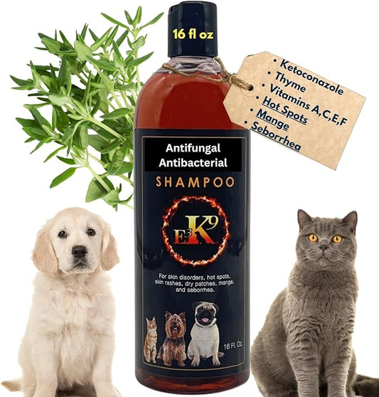 E3K9 Medicated Dog & Cat Shampoo - Antifungal & Itchy Skin Relief with Ketoc & Thymol - Hot Spot, Mange, Seborrhea Treatment - Antifungal Dog Shampoo for Yeast