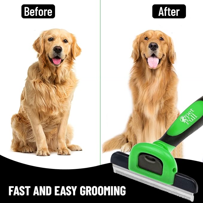 Pet Deshedding Tool Cleaning Brush - Green - For Dogs & Cats - Hair Removal Tool - Stainless Steel Knot Detangler Comb - 95% Shedding Reduce