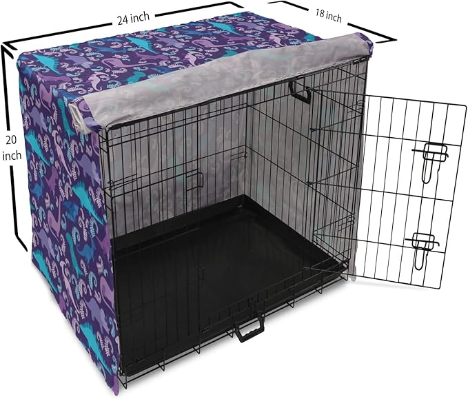 Lunarable Jurassic Dog Crate Cover, Abstract Cartoon Dinosaur Pattern Ferns Caricature Style Creatures Prehistoric, Easy to Use Pet Kennel Cover for Cats & Medium Dogs, 24 Inch, Blue Purple