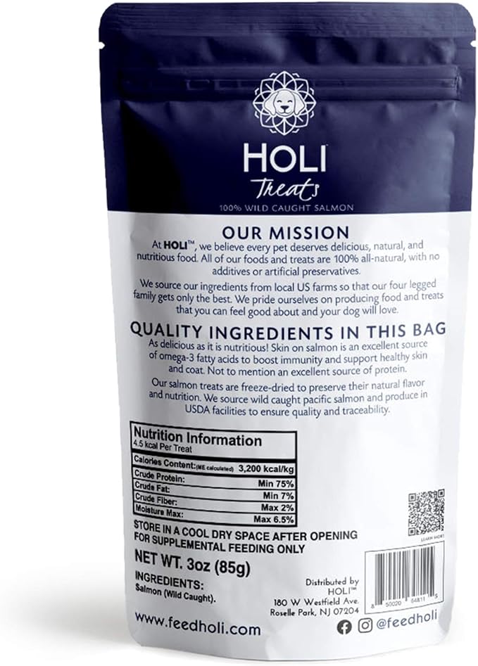 HOLI Freeze Dried Salmon Dog Treats - with Omega 3 and 6 Fish Oil - All Natural - Human Grade - Wild Caught Salmon with Skin - Made in USA - Grain Free - Diabetic Friendly
