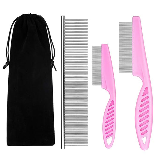 Flea Comb for Cats Dog Comb Lice Comb Metal Teeth Durable Tear Stain Dog Combs Remove Float Hair Combing Tangled Hair Dandruff Pet Comb Grooming Set 3 Pieces Add Storage Pouch (Pink)