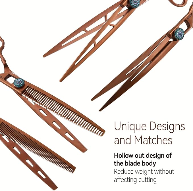 7'' Dog Grooming Scissors Set 4PCS Curved Thinning Straight Chunkers Shears Kit with Hollow Out Design Ergonomic Offset Handle High Cobalt Alloy Steel Sharp and Durable(7, Chocolate Kit)