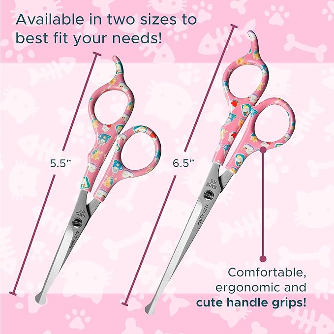 Kenchii Happy Kitty Ball Tip Shears Trimming Scissors for Cats | Pet Grooming Kitten Essentials | Stainless Steel Safety Blunt Tip Scissors | 6.5 In