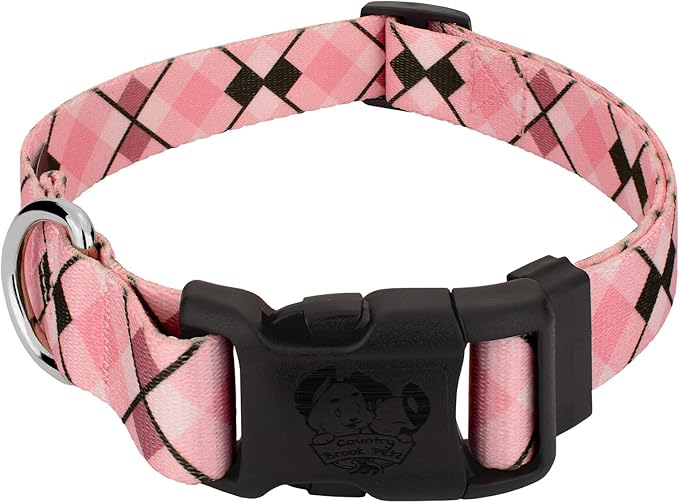 Country Brook Petz - Deluxe Pink and Brown Argyle Dog Collar - Made in The U.S.A. - Plaid and Argyle Collection Featuring Charming Designs (1/2 Inch, 2XS)