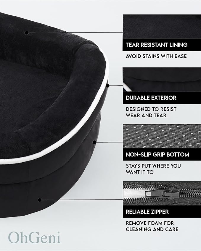 OhGeni Orthopedic Dog Bed for Medium Dogs, Dog Couch Design with Egg Foam Support, Removable, Washable Plush Cover and Non-Slip Bottom with Four Sided Bolster Cushion (Black)