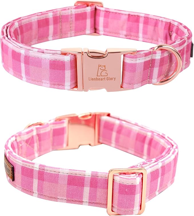 Lionheart glory Valentine's Day Collar, Pink Plaid Dog Collar for Medium Cute Dog Collars Spring Female Pet Gift Adjustable Heavy-Duty Dog Collar Holiday