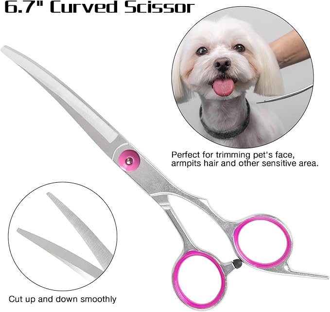 Premium Dog Grooming Scissors with Safety Round Tips, 5 in 1 Dog Grooming Scissors Kit, 4CR Stainless Steel Premium Pet Grooming Shears for Dog, Sharp and Durable, Pink