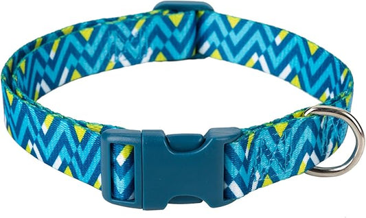 Mile High Life Dog Collar | Cute Puppy Collars | Lightweight Girl Dog Collar | Soft Boy Dog Collars | w Geometric Ocean Wavy Pattern (Light Blue/Hot Blue, Small)