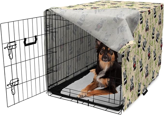 Lunarable Panda Dog Crate Cover, Asian Bear Cartoon Character Eating Leaves Branches Wildlife Animal, Easy to Use Pet Kennel Cover for Medium Large Dogs, 36 Inch, Apple Green Black and Ivory