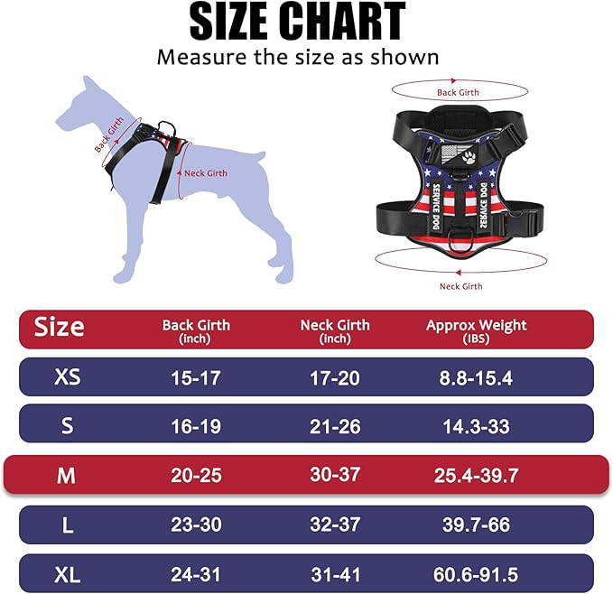 Demigreat Service Dog Harness, Reflective Dog Vest Harness with 5 PCS Patches, Adjustable Soft Oxford Pet Harness, Inner Layer Mesh, Easy to Control for Dogs (USFLAG, Medium (Pack of 1))