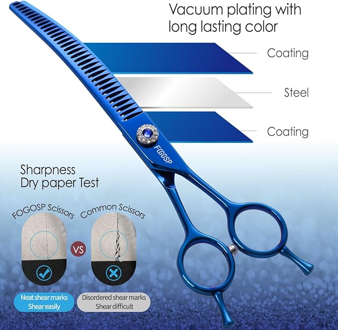 Professional Curved Chunkers Shears Dog Grooming 7.25'' Blue Curved Thinning Dog Grooming Scissors for Large Dogs Pet 35 Teeth Japan 440C(Curved Chunkers)