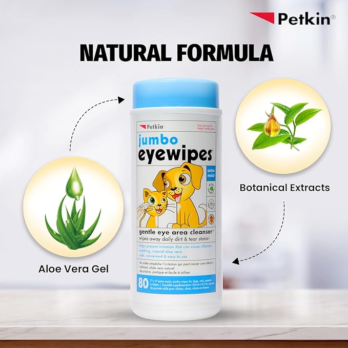 Petkin Jumbo Pet Eye Wipes, 80 Extra Moist Wipes - Gentle Eye Cleansing Wipes Remove Dirt, Discharge, & Tear Stains - Safe, Convenient, & Easy to Use Pet Wipes for Dogs, Cats, Puppies & Kittens