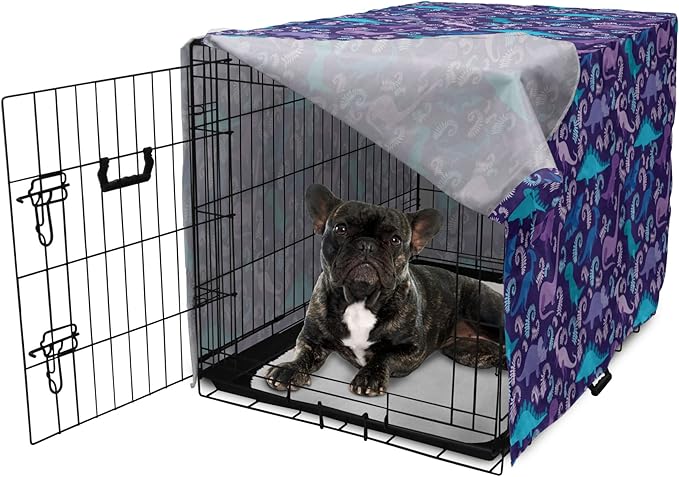 Lunarable Jurassic Dog Crate Cover, Abstract Cartoon Dinosaur Pattern Ferns Caricature Style Creatures Prehistoric, Easy to Use Pet Kennel Cover for Cats & Medium Dogs, 24 Inch, Blue Purple