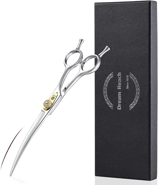 Dream Reach Professional Dog Grooming Straight, Curved, Thinning/Blending/Chunking Scissors Kit, JP-440C Stainless Steel Pet Cat Hair Cutting/Trimming Shears (7 inch-Curved Scissors)