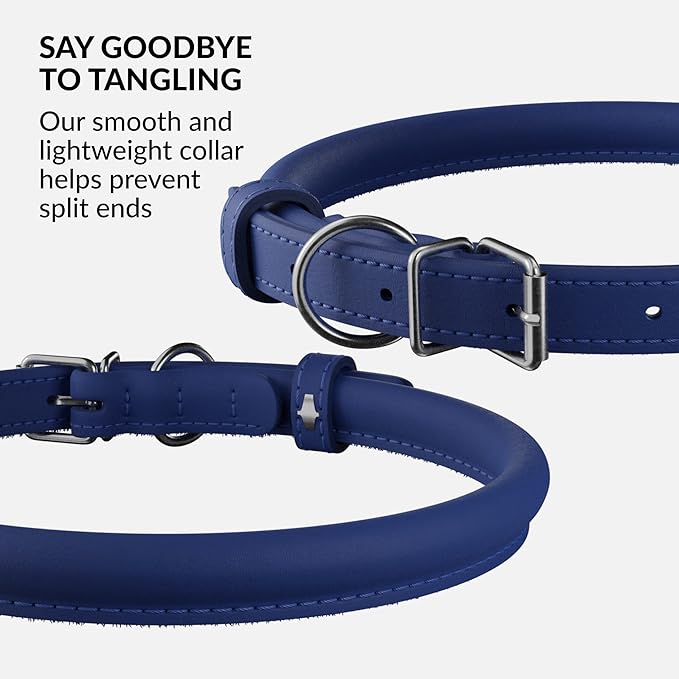 CollarDirect Rolled Leather Dog Collar, Soft Padded Round Puppy Collar, Handmade Genuine Leather Collar Dog Small Large Cat Collars 13 Colors (18-22 Inch, Deep Blue Smooth)