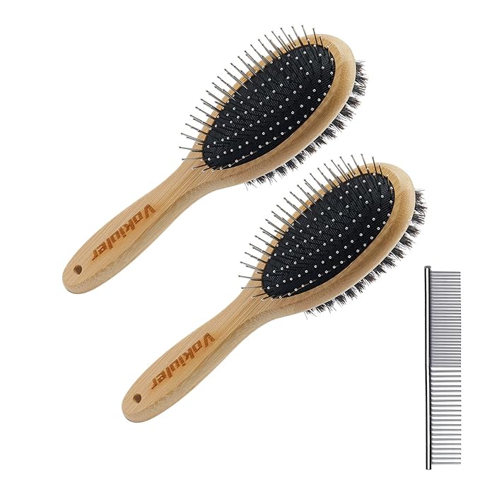 Dog Brush Cat Brush, Double Sided Bristle and Pin Pet Brush for Dog Grooming, Real Boar Bristle Shedding Brush with Bamboo Handle for Long Short Hair, 4 Pack Dog Comb, Black+Yelbow