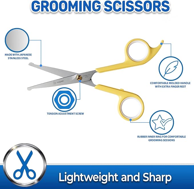 Pet Magasin Japanese Stainless Steel Grooming Scissors (2) for Facial Hair and Larger for Body Trimming with Round Tip (Yellow)