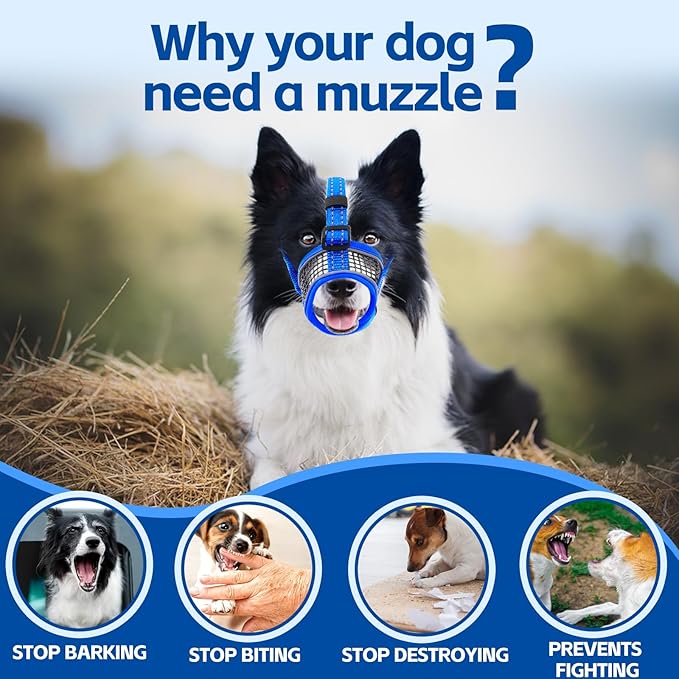 Dog Muzzle,Soft Mesh Breathable Muzzle, Air Mesh Dog Muzzle with Reflective & Adjustable Strap for for Biting Chewing Grooming,Allow Panting Drinking,Dog Muzzle for Medium (Blue, S)