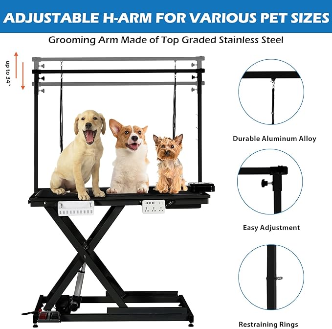 Professional Electric Dog Grooming Table Heavy Duty Pet Grooming Table Height Adjustable w/Leveling Wheels, Dog Grooming Arm, Anti Slip Tabletop &Tool Organizer, Dog Grooming Station 50" Black