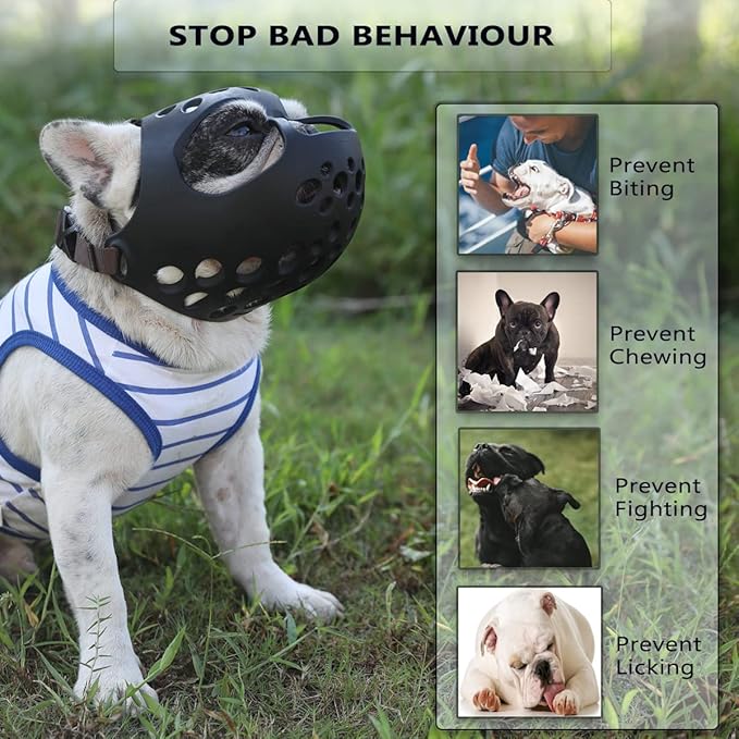 BARKLESS Dog Muzzle for Short Snout Dogs, Soft Silicone Muzzle for Biting, Chewing, Licking for French Bulldog Shih Tzu, Ideal for Flat-Faced Aggressive Dogs Grooming Walking, Allows Drinking