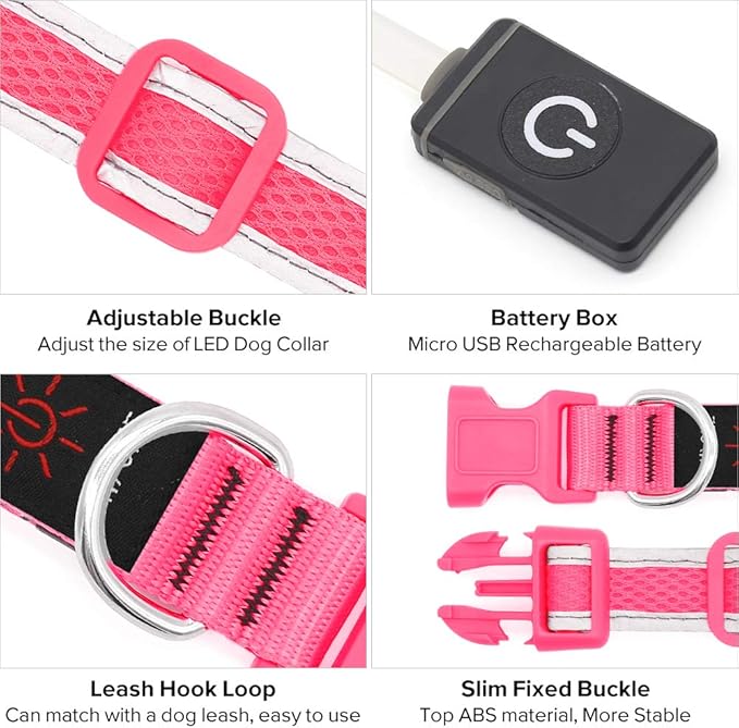 BSEEN Light up Dog Collar Lights for Night Walking - Waterproof LED Dog Collar Light Rechargeable Glow in The Dark Dog Collars for Small Dogs (Pink, Small)