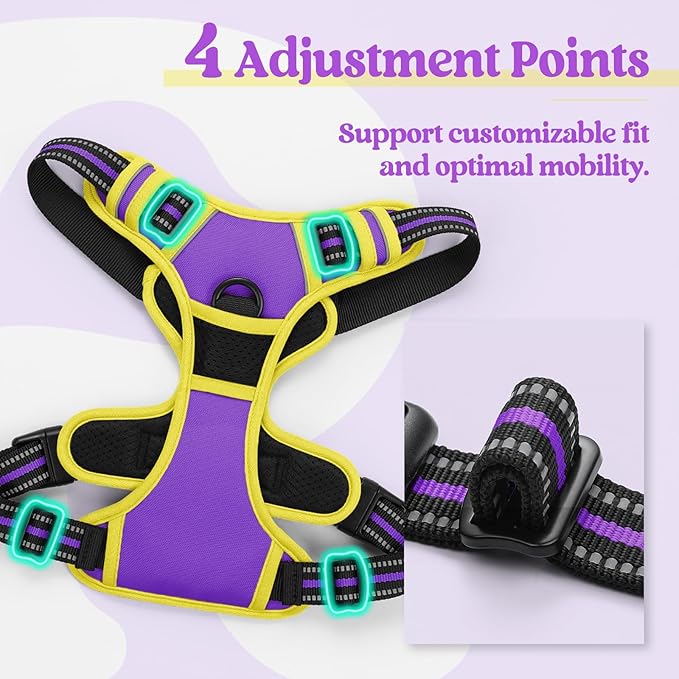 rabbitgoo Dog Harness, No-Pull Pet Harness with 2 Leash Clips, Adjustable Soft Padded Dog Vest, Reflective No-Choke Pet Oxford Vest with Easy Control Handle for Large Dogs, Purple & Yellow, XL