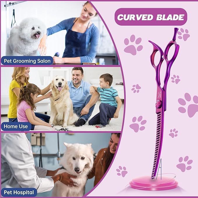 JASON 7" Dog Grooming Scissors - Ergonomic Curved Chunkers Purple Curved Dog Shears 440C Stainless Steel Grooming Shears Professional Pet Shears For Groomer (28-Teeth, Down-curved)