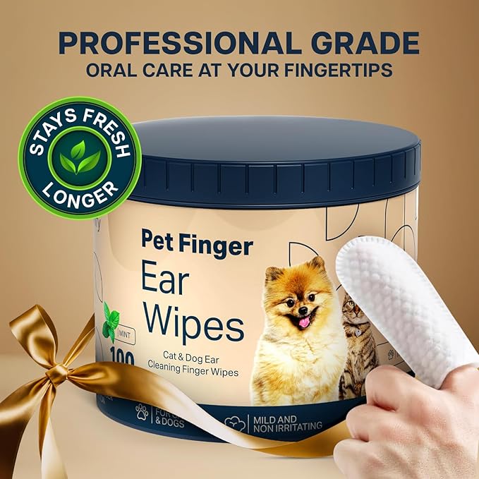 Pet Finger Ear Wipes for Dogs & Cats – 100 Count Finger Wipes – Gentle Ear Cleaner, Reduces Wax & Odor – Non-Irritating, Easy Finger Design for Pets