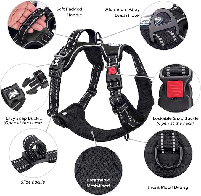 PoyPet No Pull Dog Harness, No Choke Front Lead Dog Reflective Harness, Adjustable Soft Padded Pet Vest with Easy Control Handle for Small to Large Dogs(Black,XS)