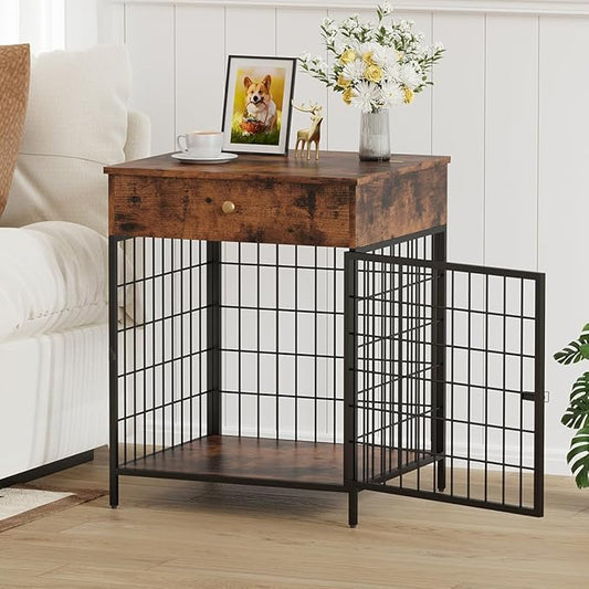 Small Dog Crate End Table,Dog Crate Furniture, Dog Kennel End Table with Storage Drawer, Chew-Proof Metal Fence, Lockable Door, Wooden Pet Cage Side Table Indoor