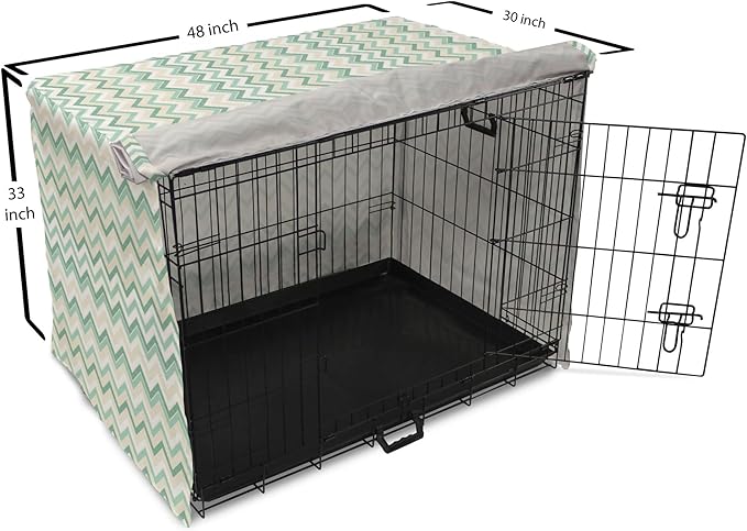 Lunarable Chevron Dog Crate Cover, Ikat Style Ornate Simplistic Zigzag Traditional Herringbone, Easy to Use Pet Kennel Cover for Medium Large Dogs, 48 Inch, Ivory Seafoam Jade Green