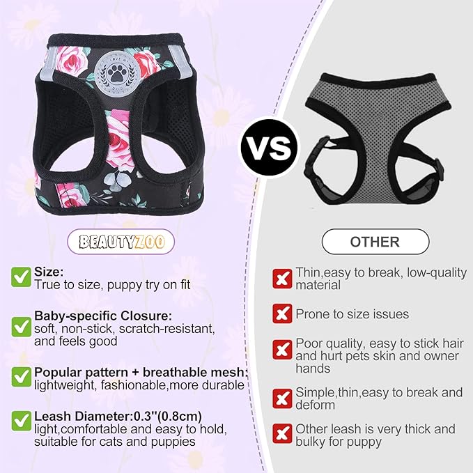 BEAUTYZOO Step in Dog Harness and Leash Set, Floral Pattern Reflective Dog Harness No Pull No Choke Puppy Harness for XXS XS S Dogs Cats, Soft Padded Mesh Vest Harnesses for Girl and Boy Pets