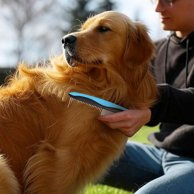Pet Comb for Dogs and Cats - 2-in-1 Design with Wide & Narrow Teeth, Stainless Steel Round Ends for Safe Detangling, Non-Slip Handle, Removes Knots, Mats, Tangles, and Loose Fur
