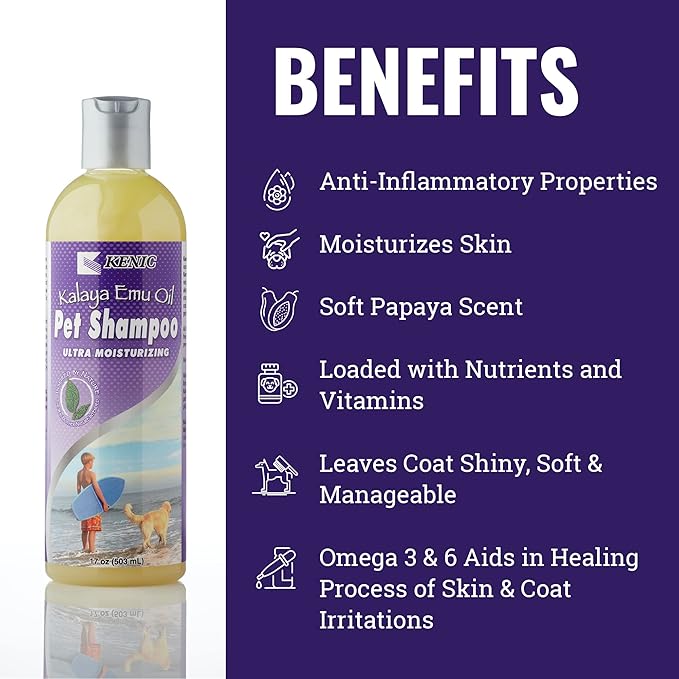 Kenic Kalaya Premium Moisturizing & Restorative Emu Oil Dog Shampoo, Repairs and Restores Skin & Hair, Soap & Paraben Free, Made in USA, for Dogs, Puppies & Cats