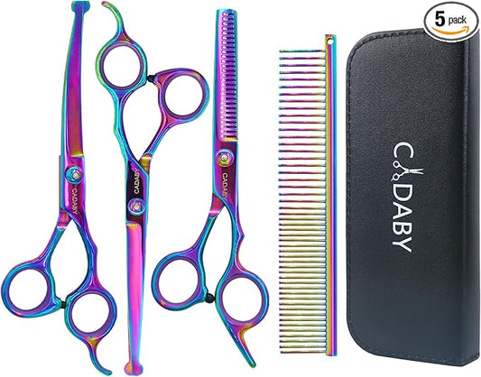 Professional Dog Grooming Scissors with Safety Round Tips, 5 in 1 Dog Grooming Scissors Set, 4CR Stainless Steel Pet Grooming Shears for Dog, Cat,Sharp and Sturdy, Rainbow