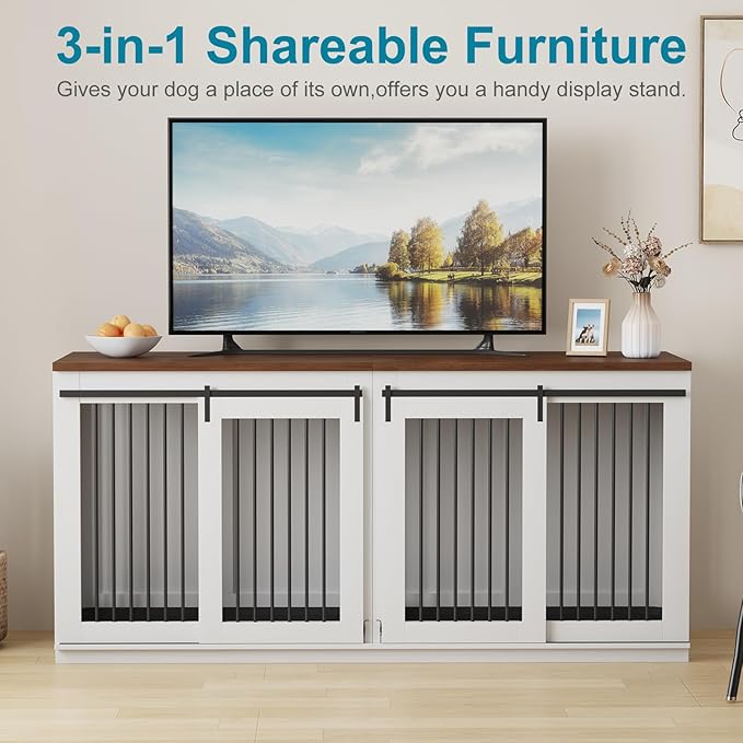 Large Dog Crate Furniture, Heavy Duty Steel Dog Kennel with Divider, Tv Stand & End Table