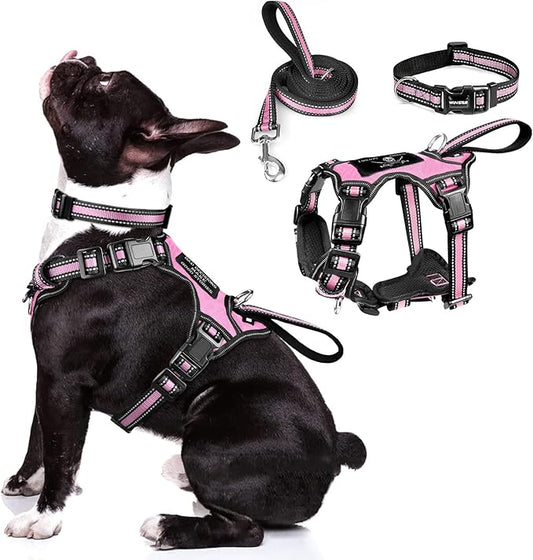 WINSEE Pet Harness Collar and Leash Set, All-in-one Reflective Dog Harness No Pull with Adjustable Buckles for Puppies, Small, Medium, Large, and Extra-Large Dogs (Medium, Pink)