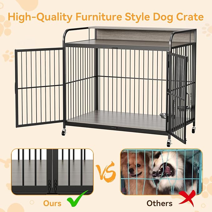 GAOMON 48" Dog Kennel Furniture for Large Dogs,Large Dog Crate, Wooden Heavy Duty, Dog Crate Indoor with Adjustable Height Bowls, 48" L X 29.9" W X 44.3" H,Grey