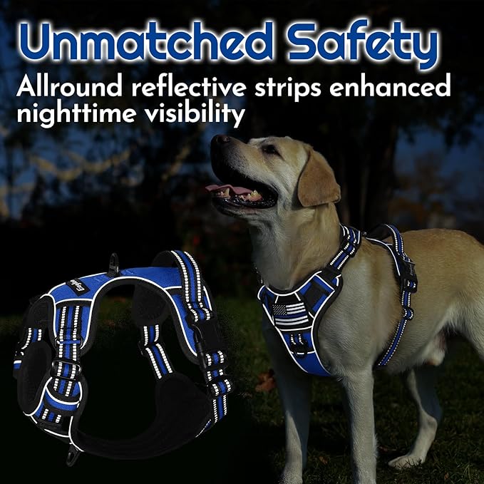 Eagloo Dog Harness Medium Sized, Easy Wearing with 3 Buckles, Adjustable No Pull Pet Harness with 2 Rings for Walking, No Chock Reflective Soft Padded Vest with Control Handle, Blue & Black, M