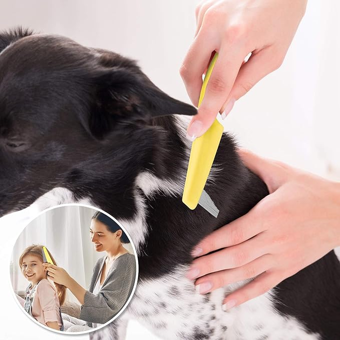 Flea Comb for Cats Dog Comb Lice Comb Metal Teeth Durable Tear Stain Dog Combs Remove Float Hair Combing Tangled Hair Dandruff Pet Comb Grooming Set 3 Pieces Add Storage Pouch (Yellow)